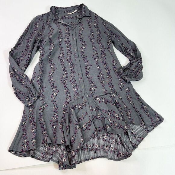 Free People Shirt Dress Womens Medium Gray Floral Long Sleeve Button Up - Picture 1 of 12
